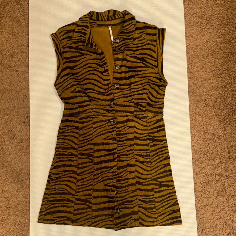 Free People Mustard and Black Zebra-Print Sleeveless Button-Down Top